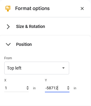 Screenshot of Google Slides' Format options sidebar, with the Position section unfolded and the Y coordinate input focused. The input value is at -58,712 inches.